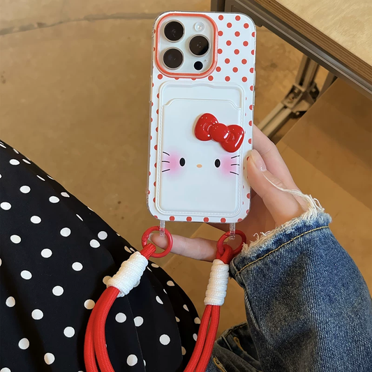 Cute red polka dot cat card holder phone case