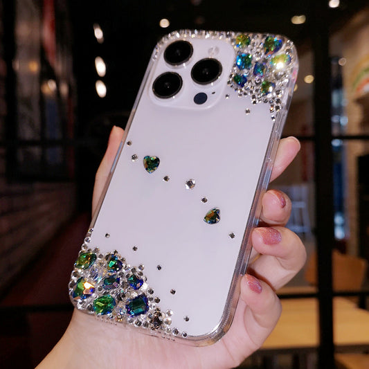 Handmade iPhone Case Minimalist Bling Green Diamond Back Cover Case for iPhone 16 15 14 13 12 11 Plus Pro Max