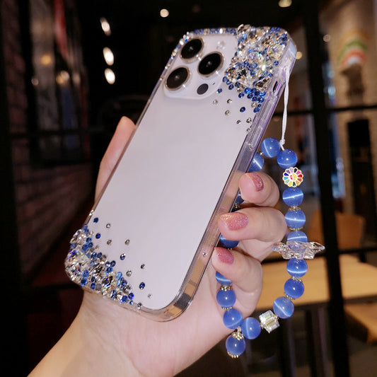 Handmade iPhone Case Minimalist Bling Blue Diamond Back Cover Case for iPhone 16 15 14 13 12 11 Plus Pro Max