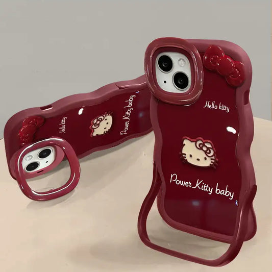 3D Bow Kitty Cover Foldable Lens Protector Kickstand Phone Case For iPhone