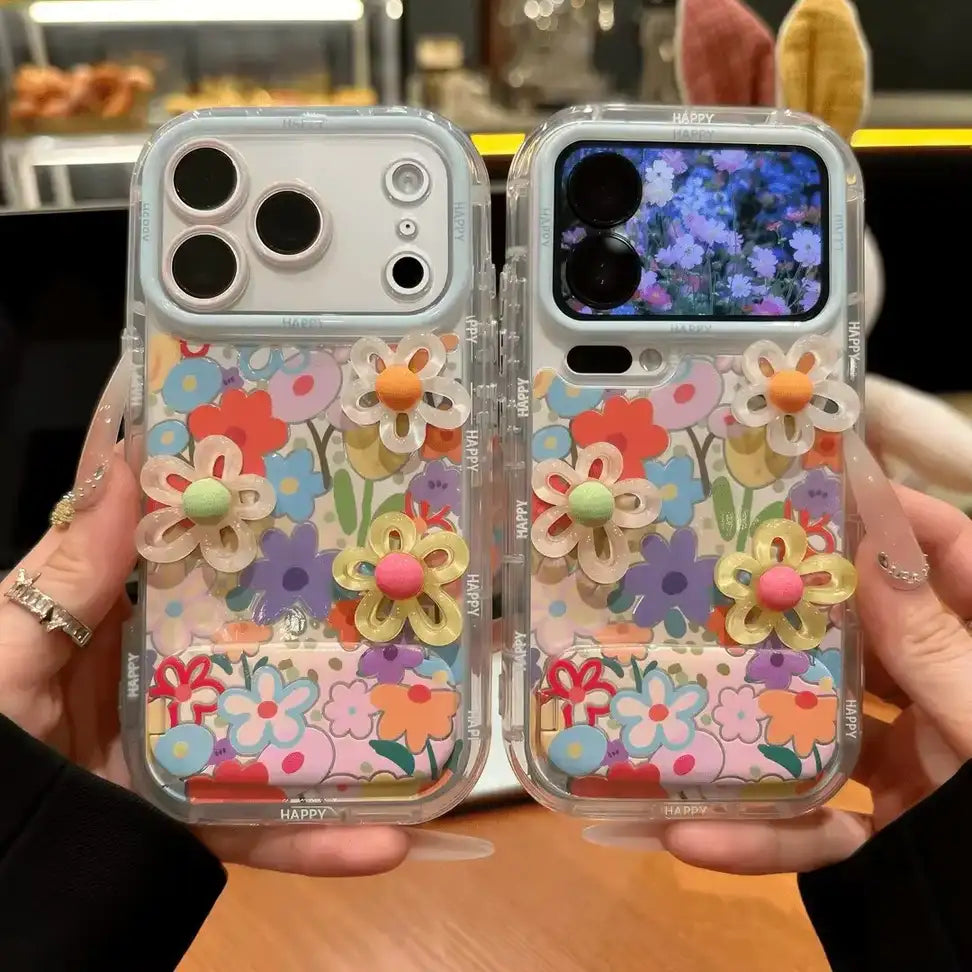 3D Flowers Floral Makeup Mirror Stand Back Cover iPhone Case