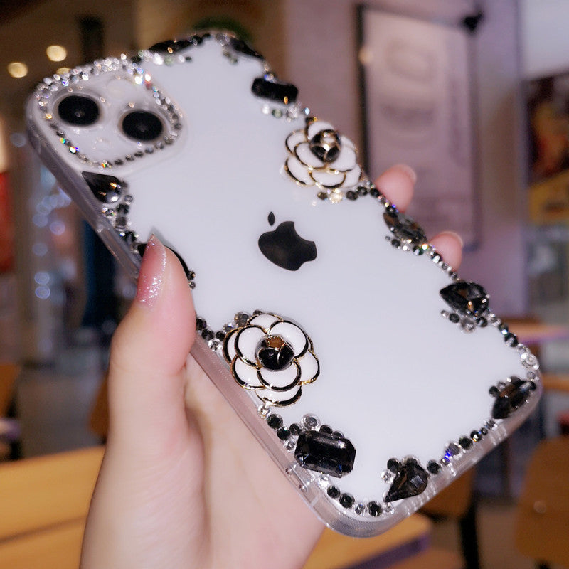 Handmade iPhone Case Minimalist Flower Diamond Crystals with Charm Chain for iPhone 16 15 14 13 12 11 Plus Pro Max