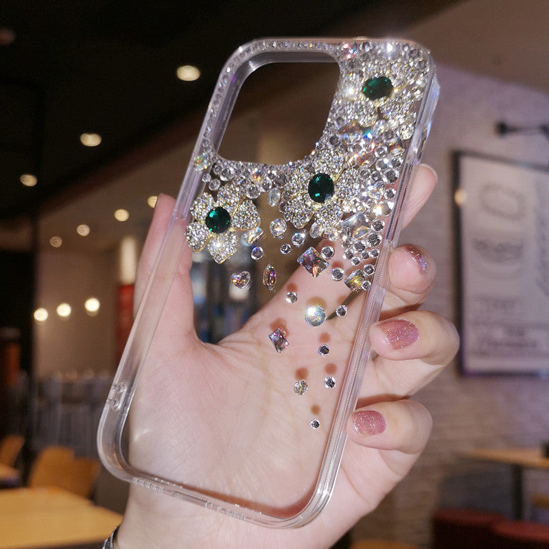 Coque iPhone faite main, minimaliste, fleurs, strass, dos en forme de diamant
