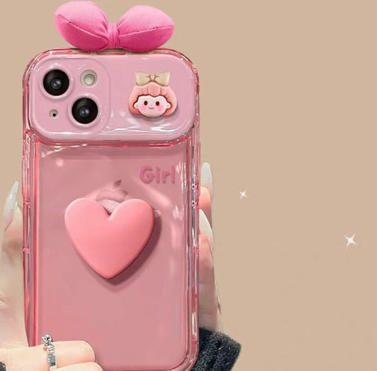 Pink bow girl portable mirror phone case