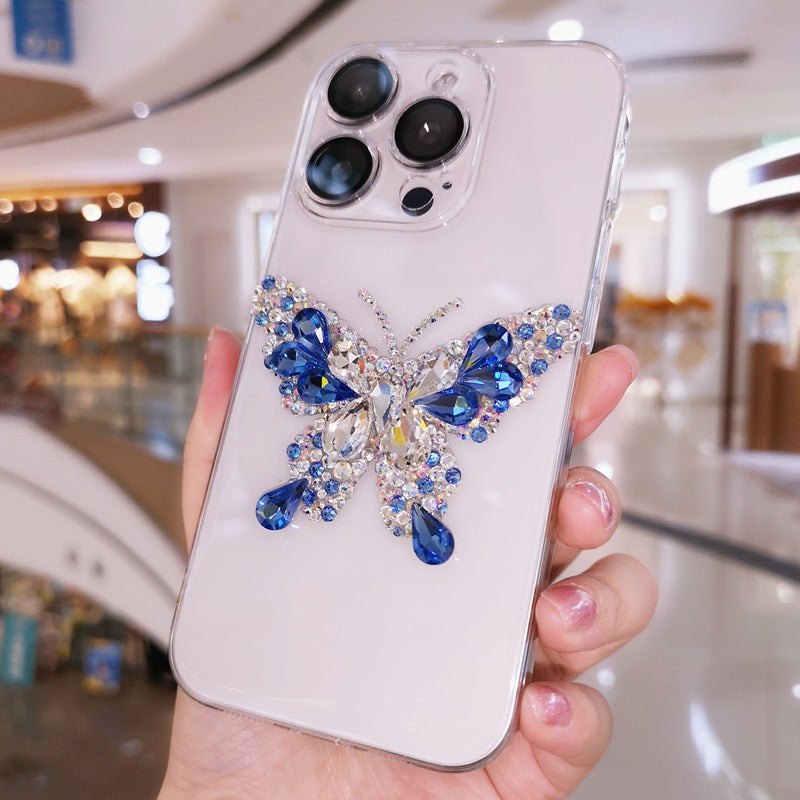 Handmade Minimalist Blue Crystal Bling Butterfly iPhone Case for iPhone 16 15 14 13 12 11 Plus Pro Max