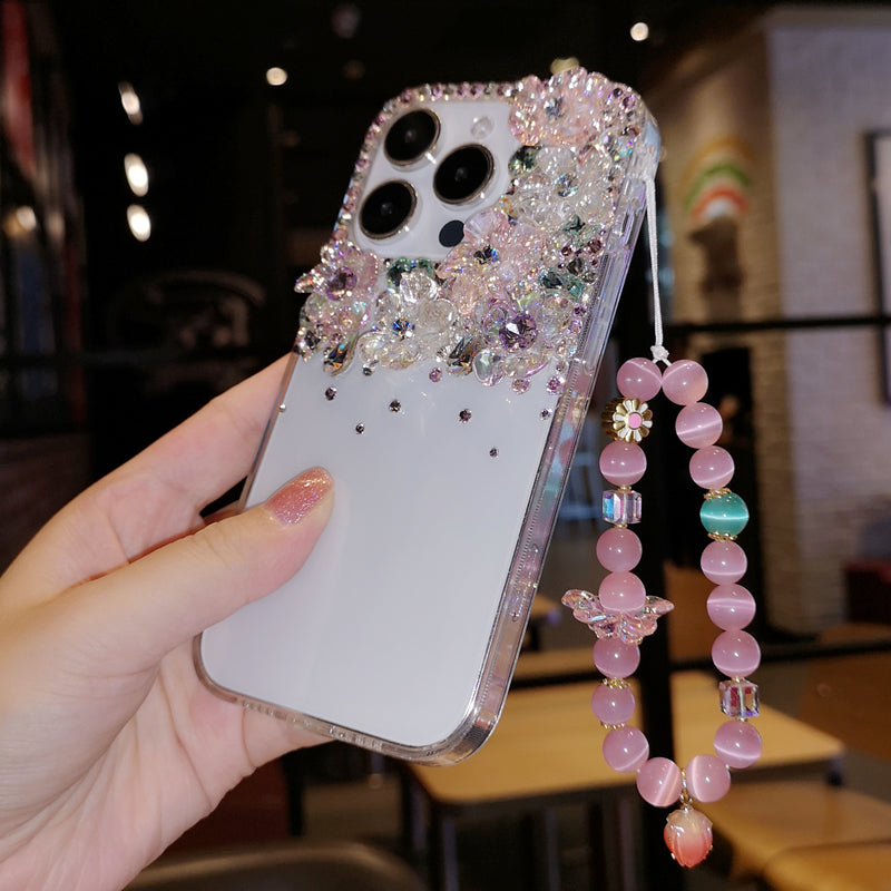 Handmade iPhone Case Minimalist Flowers Bling Diamond Back Cover Case for iPhone 16 15 14 13 12 11 Plus Pro Max