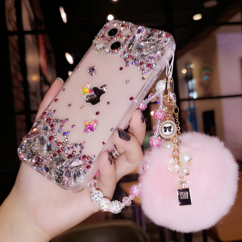 Coque iPhone faite à la main, luxueuse, ornée de diamants, minimaliste, avec papillon.