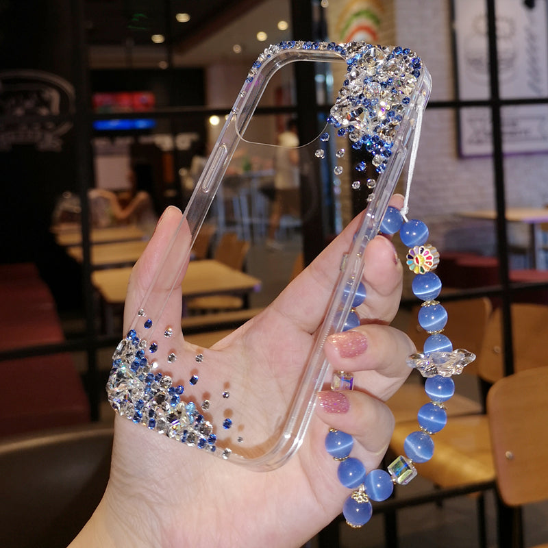 Handmade iPhone Case Minimalist Bling Blue Diamond Back Cover Case for iPhone 16 15 14 13 12 11 Plus Pro Max