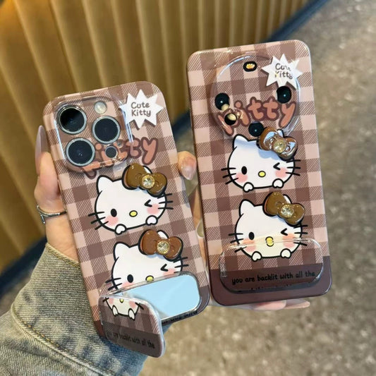 Checkered Kitty Cat Mirror Stand Phone Case