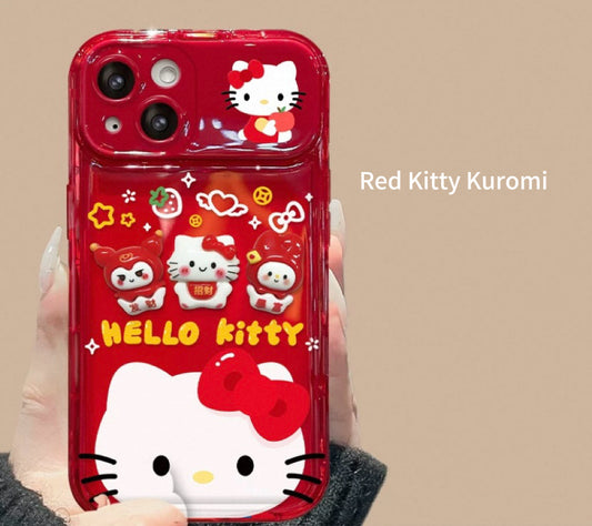 3D red Kitty Kuromi flip phone case with mirror and stand.