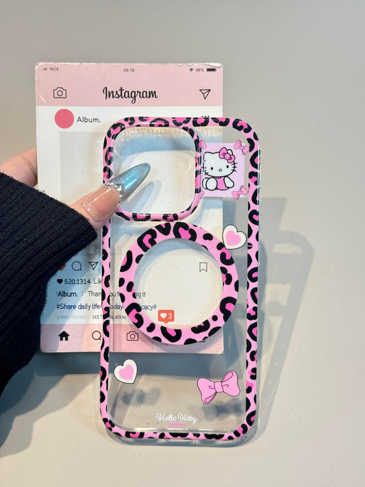 Kitty Pink Leopard Print Clear Cute Kawaii MagSafe Case + MagSafe Stand Holder / Phone Grip
