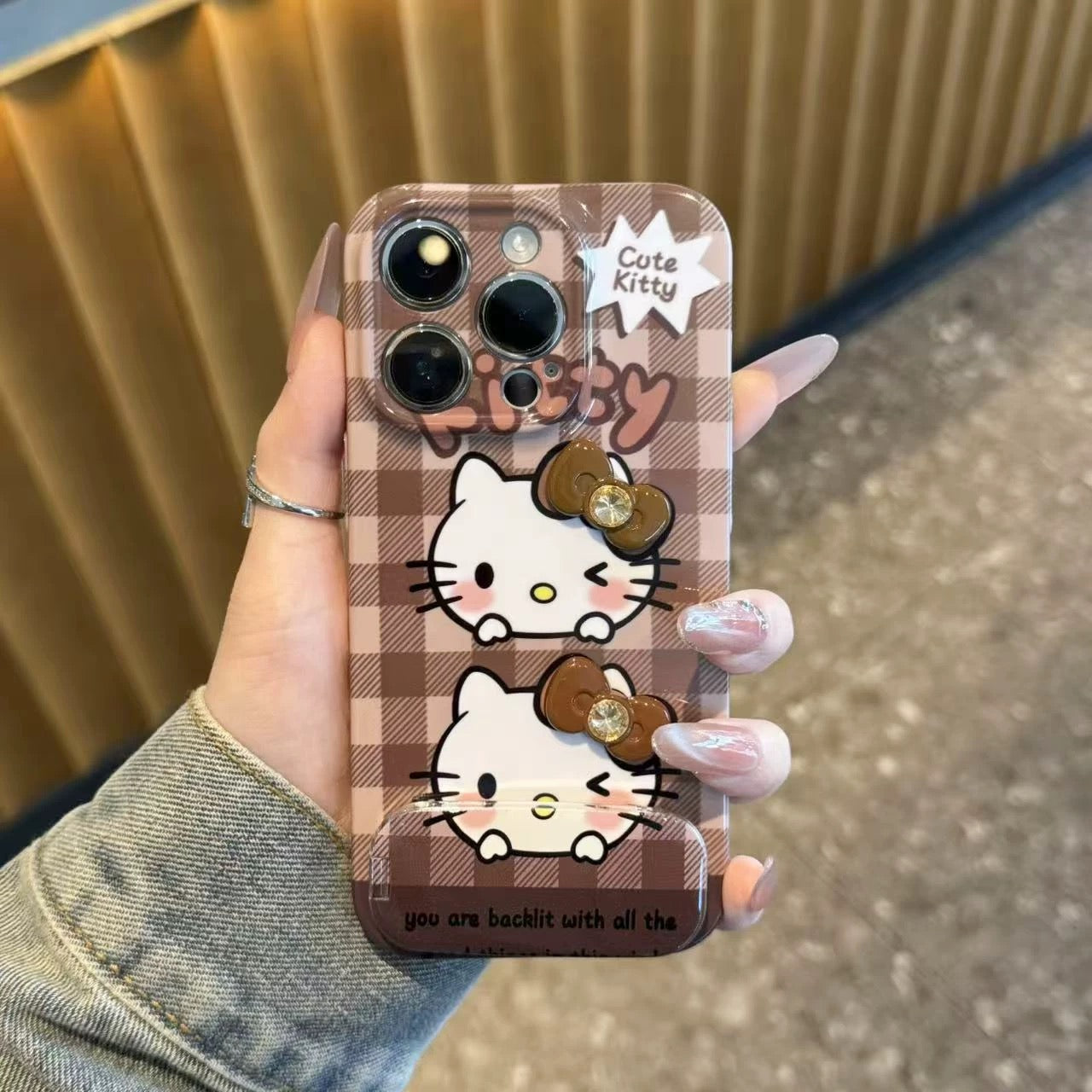 Checkered Kitty Cat Mirror Stand Phone Case