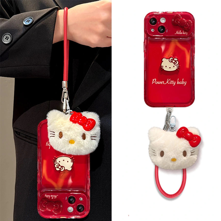 Red phone case with Kitty charm held by a person, and close-up of the case.