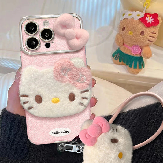 Cute Plush Bow Kitty Leather Phone Case For iPhone Cover With Kitten Charm Bracelet