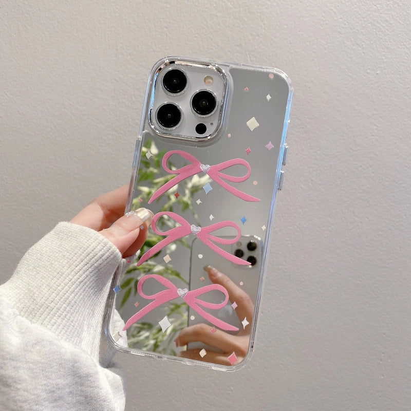 Cute Bow Mirror Phone Case for iPhone 17 16 15 14 13 12 11 Pro Max X Xr