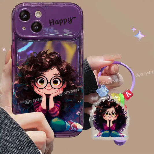 Curly Haired Girl Pendant Phone Case For iPhone With Foldable Makeup Mirror Back Cover