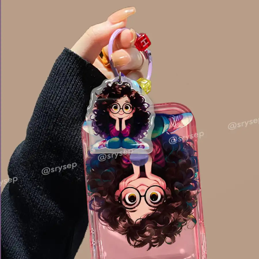 Curly Haired Girl Pendant Phone Case For iPhone With Foldable Makeup Mirror Back Cover