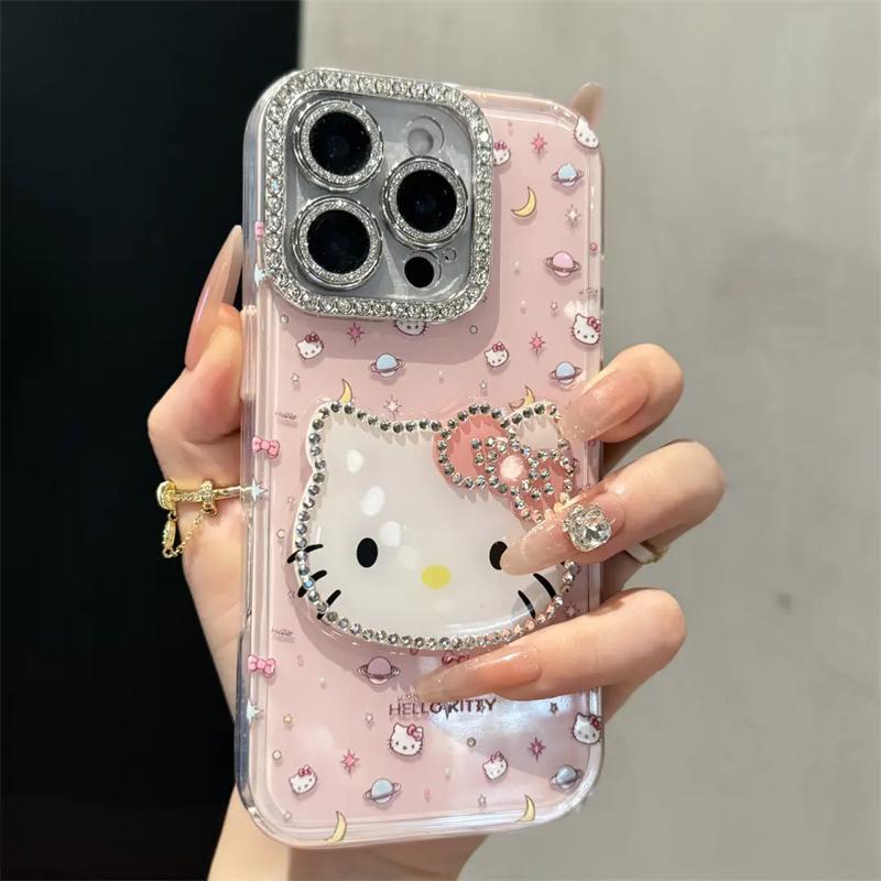 Cute Kitten Makeup Mirror Glitter Phone Case For iPhone 17 16 15 14 13 12 Pro Max Plus 11