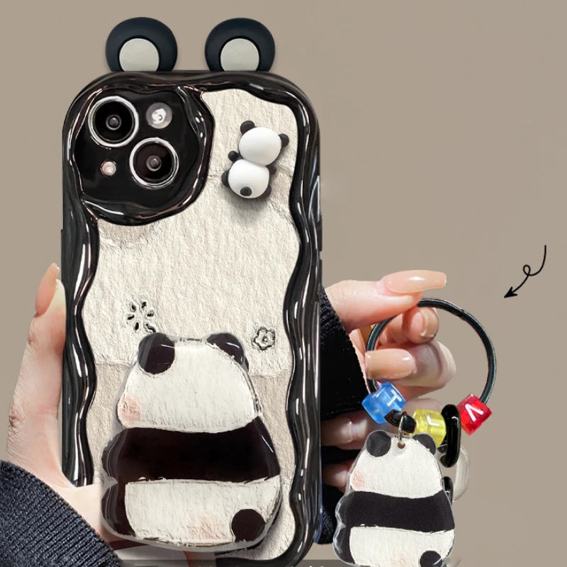 Cute Panda Wavy Edge Phone Case for iPhone All 17 16 15 14 13 12 11 X Series Models With Fold Panda Airbag Bracket Lanyard