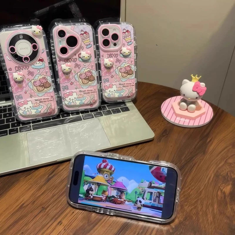 Cute Pink Kitty With Mirror Kickstand Case For iPhone 17 16 15 14 13 12 11 X Series Models