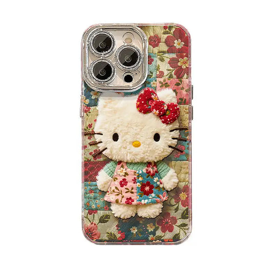 Cute Plush Kitty Floral Phone Case for iPhone Clear Cover With Lanyard Charm