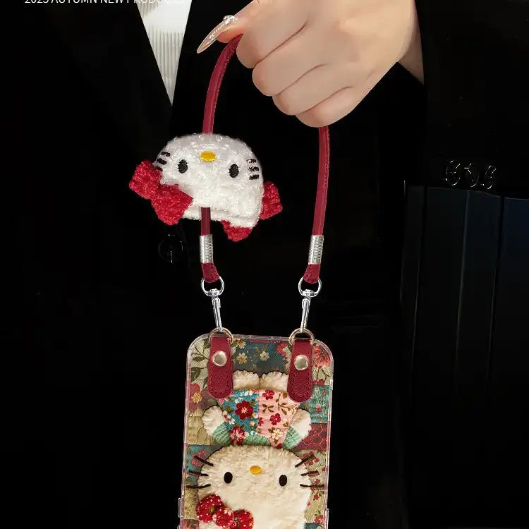 Cute Plush Kitty Floral Phone Case for iPhone Clear Cover With Lanyard Charm
