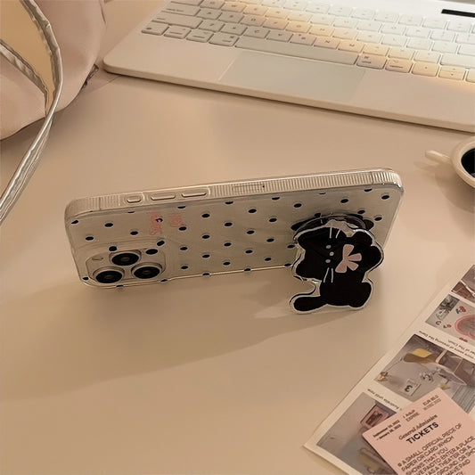 Cute Polka Dot Silver With Bow Tie Kitten Kickstand Case for iPhone 17 16 15 14 13 12 11 Pro Max X Xr 7 8