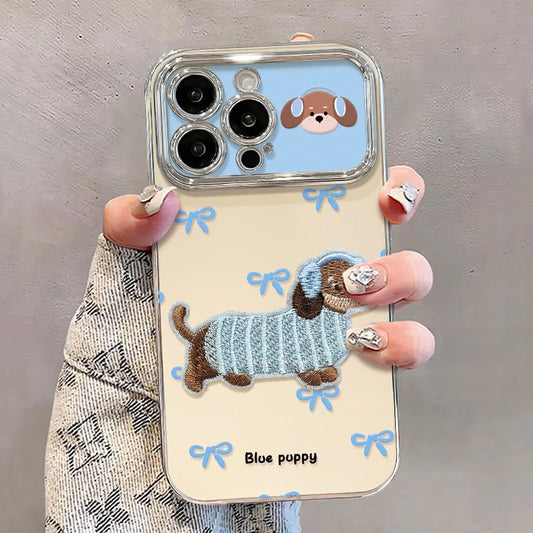 Cute Embroidered Puppy Charm Phone Case for iPhone 17 Air 16 15 14 13 12 11 X Pro Max Plus