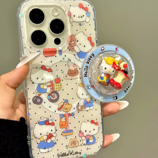 Cartoon Bear Clock Cute Kitty Cat Magnetic Holder Phone Case