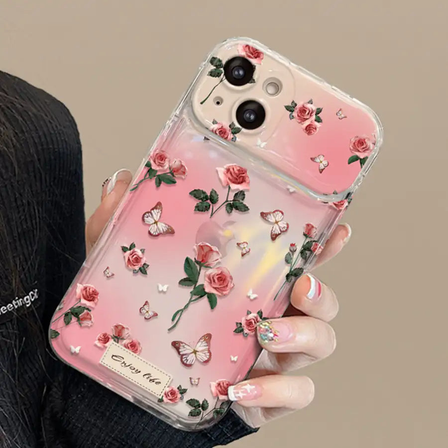 Floral Foldable Mirror Stand Back Cover Glitter iPhone Case