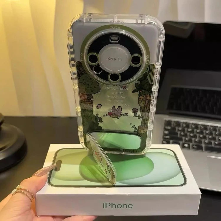 Funda de TPU para iPhone con diseño de pájaro y flores del bosque, con espejo y soporte