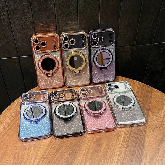 Glitter Diamond Phone Case with Magnetic Makeup Mirror Kickstand For iPhone 17 16 15 14 13 12 11 Pro Max Plus 17Pro 17 Air Shockproof Stand Back Cover