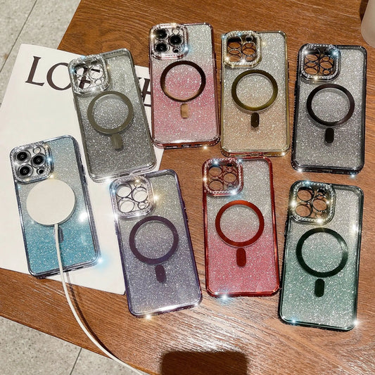 Glitter MagSafe Back Cover iPhone Case With Rhinestone Lens Protector