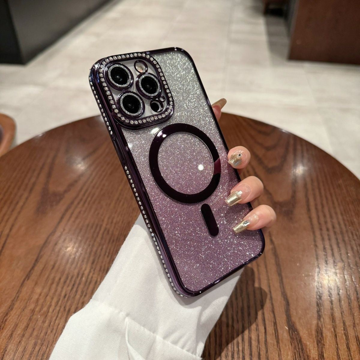 Shimmering Glitter MagSafe Clear Phone Case With Built-in Rhinestone Lens Protector