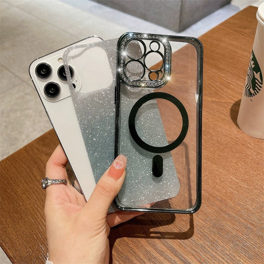 Shimmering Glitter MagSafe Clear Phone Case With Built-in Rhinestone Lens Protector