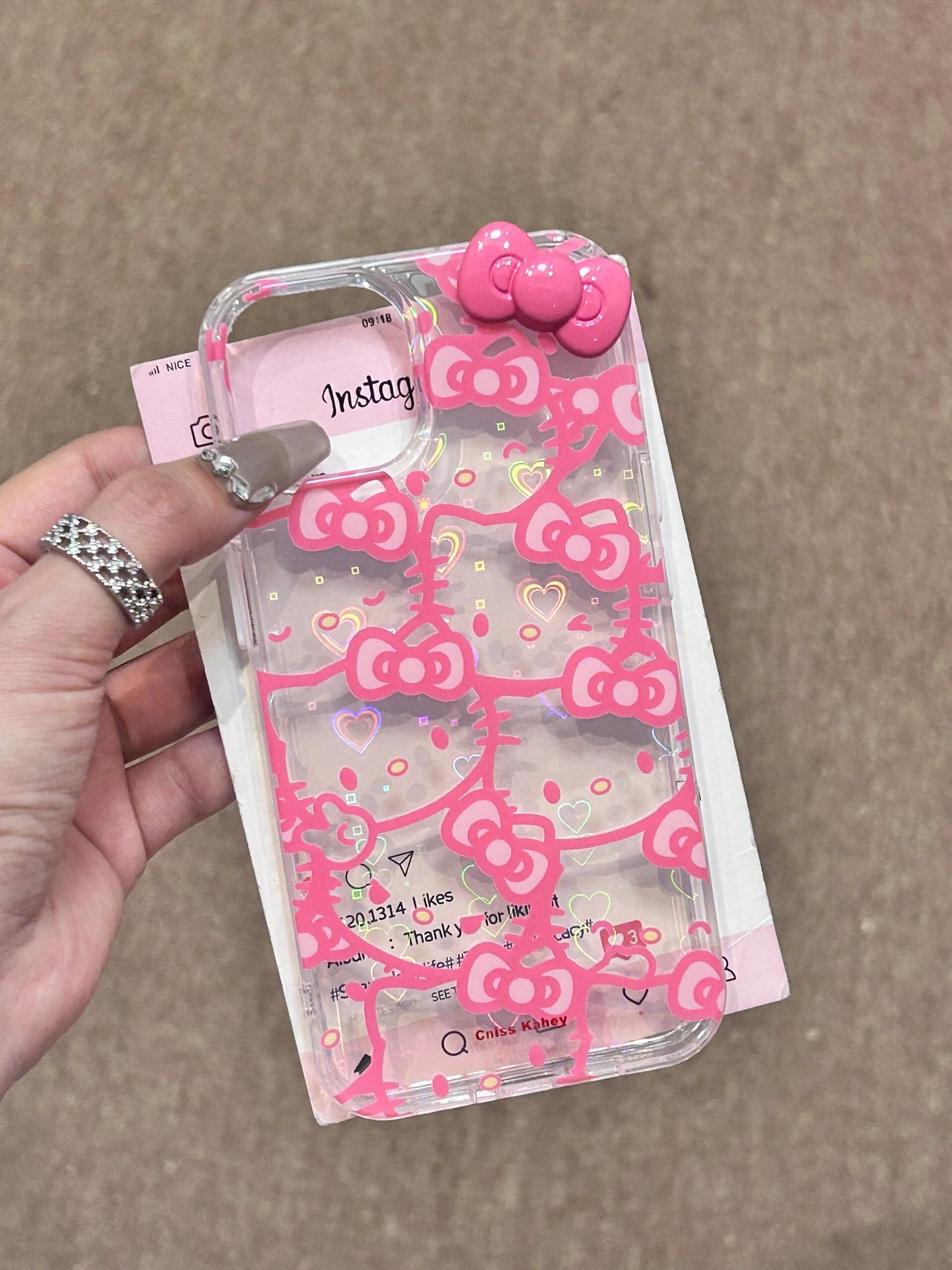 Coque de téléphone Kitty Pink 3D Bow Transparente Holographique Discrète Cœur Mignon Kawaii