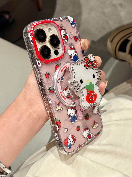 Kitty Pink Strawberry Clear Cute Kawaii MagSafe Case + MagSafe Stand Holder / Phone Grip