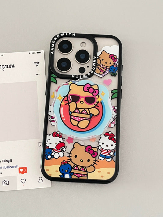 Tan Kitty Vacation Cute Kawaii MagSafe Case + MagSafe Stand Holder / Phone Grip