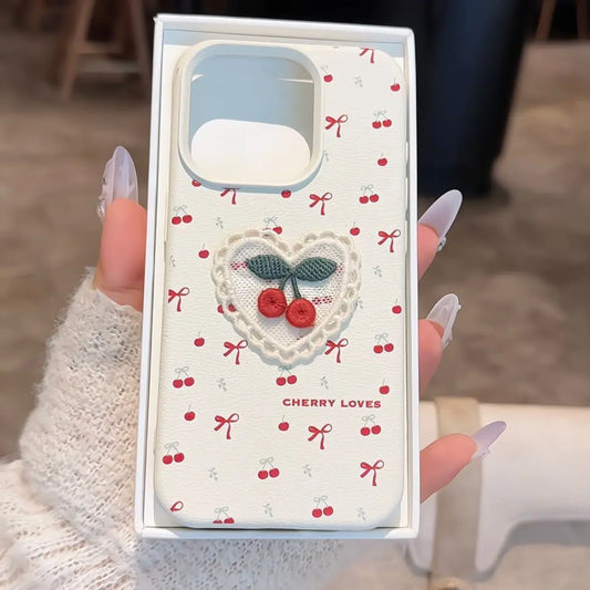 Lovely Embroidered Heart Phone Case For iPhone Bowknot Cherry Back Cover