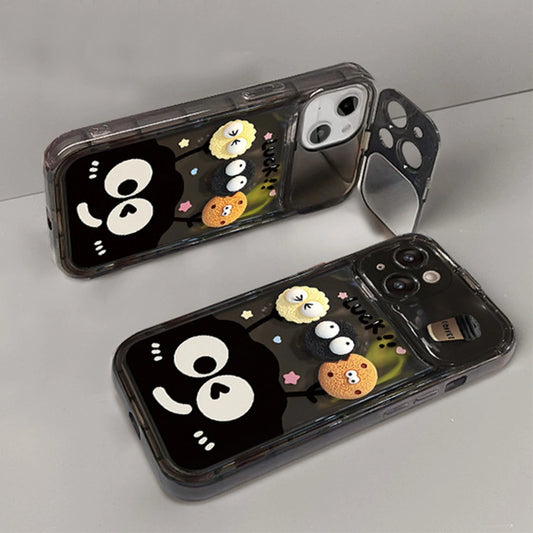 Mirror Lens Protector 3D Cartoons Phone Case for iPhone All 17 16 15 14 13 12 11 Series Models with Plush Charm