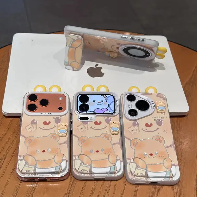 Cute Bear Phone Case for iPhone With Makeup Mirror Foldable Kickstand