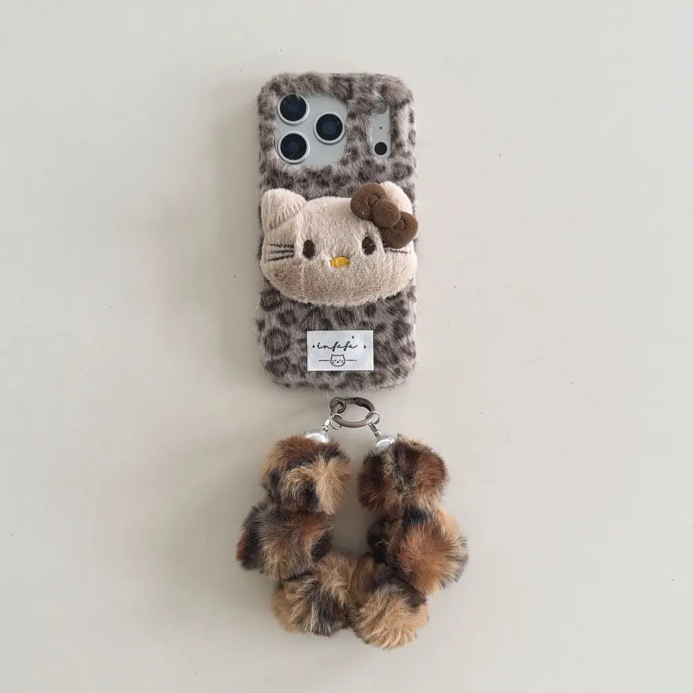 Plush Kitty Leopard Cute Kawaii Phone Case For iPhone 17 16 15 14 Series