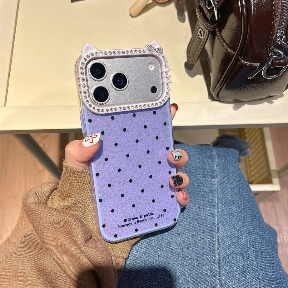 Cute Kitty Rhinestone Protective Cover Polka Dots Phone Case for iPhone 17 Air 16 15 14 13 12 11 Pro Max Plus