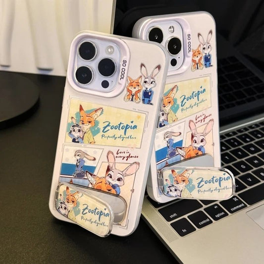 Cartoon Rabbit Fox With Makeup Mirror Kickstand Phone Case For All iPhone 17 Air Pro Max 16 Pro 15 14 13 12 11 Plus Cute Zootop Animals