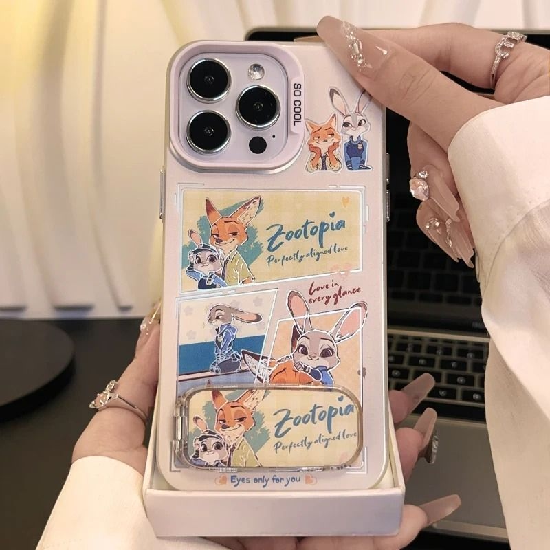 Cartoon Rabbit Fox With Makeup Mirror Kickstand Phone Case For All iPhone 17 Air Pro Max 16 Pro 15 14 13 12 11 Plus Cute Zootop Animals
