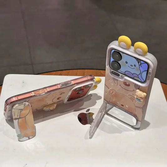 Cute Bear Phone Case for iPhone With Makeup Mirror Foldable Kickstand