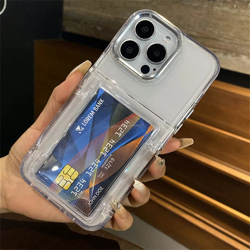 Transparent Card Slot Bag Holder Phone Case For iPhone 15 14 13 11 12 16 17 Pro Max Shockproof Protection Hard Acrylic Cover