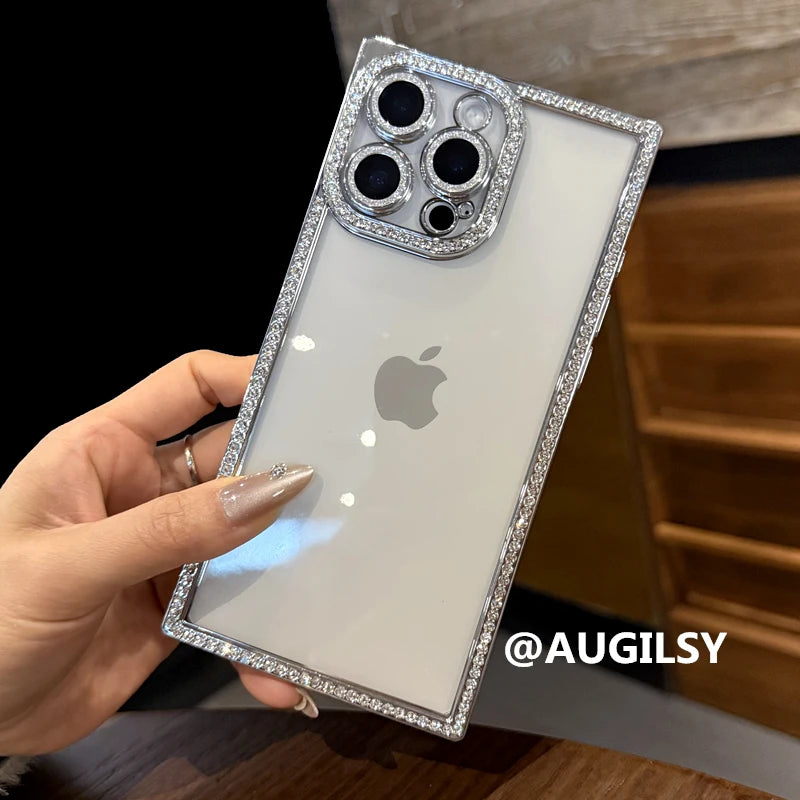 Luxury Plating Diamond Rhinestone Case For iPhone 17 Air 16 Pro Max 15 14 13 Bling Glitter Square Soft Clear Shockproof Cover