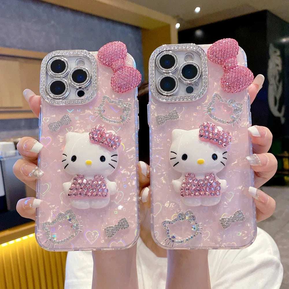 Cartoon Diamonds Pink 3D Kitty Phone Case For iPhone Bling Glitter TPU Back Cover