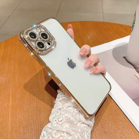Comes With Lens Film Plating Flash Diamond Silicone Phone Case For IPhone 17 16 15 14 13 12 11 Pro Max Rhinestone Cover
